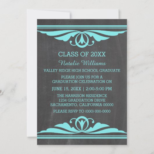Aqua Deco Chalkboard Afstuderen Invite Kaart (Voorkant)