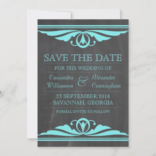 Aqua Deco Chalkboard Save the Date Invite (Voorkant)
