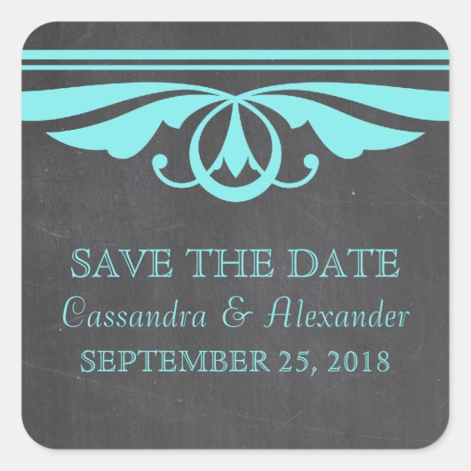 Aqua Deco Chalkboard Save the Date Stickers (Voorkant)