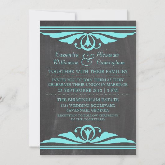 Aqua Deco Chalkboard Wedding Invite Kaart (Voorkant)
