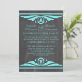 Aqua Deco Chalkboard Wedding Invite Kaart (Staand voorkant)