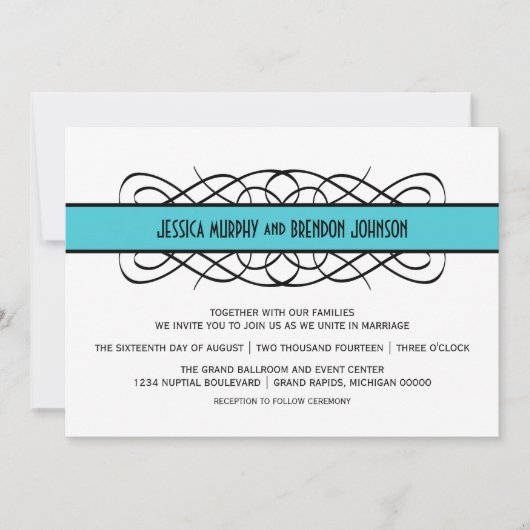 Aqua Deco Flourish Wedding Invite Kaart (Voorkant)