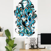 Aqua deco'-inktkunst poster (Thuiskantoor)