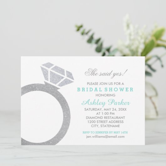 Aqua Diamond Ring Glitter Bruiloft Vrijgezellenfee Kaart (Staand voorkant)