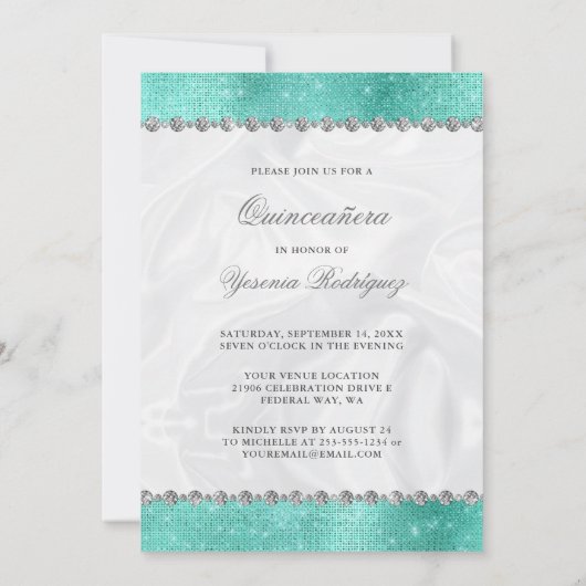 Aqua Diamond Sparkle Glitter Quinceañera Kaart (Achterkant)