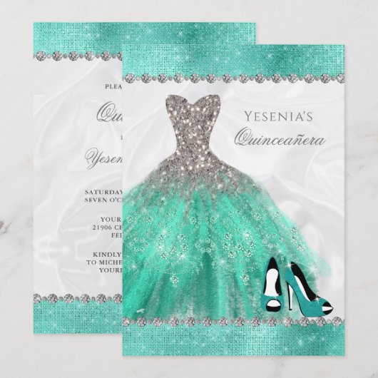Aqua Diamond Sparkle Glitter Quinceañera Kaart (Voorkant / Achterkant)