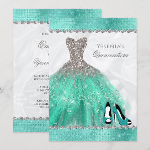 Aqua Diamond Sparkle Glitter Quinceañera Kaart