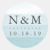 Aqua Dip Dye Waterverf Bruiloft Monogram Ronde Sticker (Voorkant)