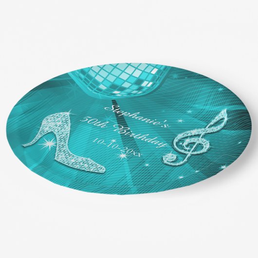 Aqua Disco Ball en Heels 50th Birthday Papieren Bordje (Gekanteld)