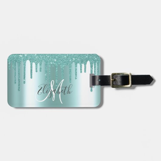 Aqua Drives Glitter Metal Monogram Bagagelabel (Voorkant horizontaal)