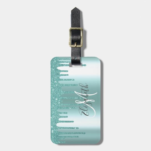 Aqua Drives Glitter Metal Monogram Bagagelabel (Voorkant verticaal)
