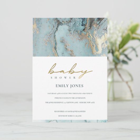 AQUA DUSKY BLUE GOLD AGATE BABY SHOWER INVITE BEDANKKAART (Staand voorkant)