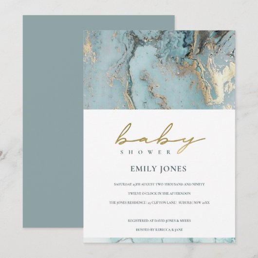 AQUA DUSKY BLUE GOLD AGATE BABY SHOWER INVITE BEDANKKAART (Voorkant / Achterkant)