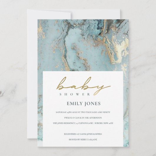 AQUA DUSKY BLUE GOLD AGATE BABY SHOWER INVITE BEDANKKAART (Voorkant)