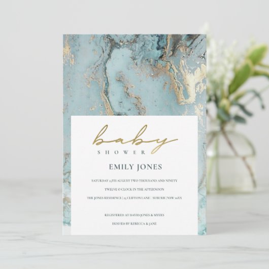 AQUA DUSKY BLUE GOLD AGATE BABY SHOWER INVITE BEDANKKAART (Staand voorkant)