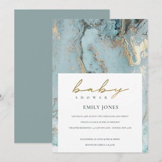 AQUA DUSKY BLUE GOLD AGATE BABY SHOWER INVITE BEDANKKAART (Voorkant / Achterkant)