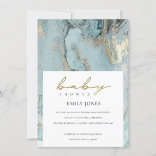 AQUA DUSKY BLUE GOLD AGATE BABY SHOWER INVITE BEDANKKAART