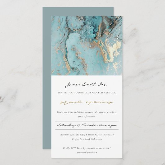AQUA DUSKY BLUE GOLD AGATE GRAND OPENING UITNODIGE BEDANKKAART (Voorkant / Achterkant)