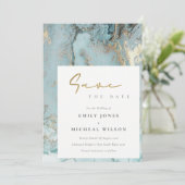 AQUA DUSKY BLUE GOLD AGATE SAVE THE DATE INVITE BEDANKKAART (Staand voorkant)