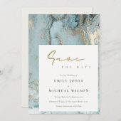AQUA DUSKY BLUE GOLD AGATE SAVE THE DATE INVITE BEDANKKAART (Voorkant / Achterkant)