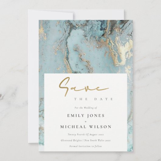 AQUA DUSKY BLUE GOLD AGATE SAVE THE DATE INVITE BEDANKKAART (Voorkant)