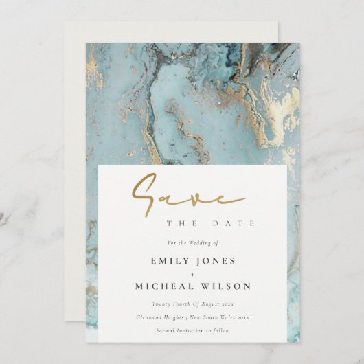 AQUA DUSKY BLUE GOLD AGATE SAVE THE DATE INVITE BEDANKKAART (Voorkant / Achterkant)