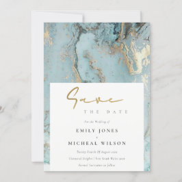 AQUA DUSKY BLUE GOLD AGATE SAVE THE DATE INVITE BEDANKKAART