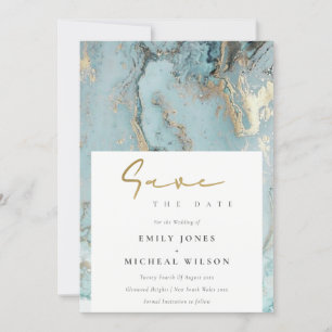 AQUA DUSKY BLUE GOLD AGATE SAVE THE DATE INVITE BEDANKKAART