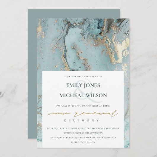 AQUA DUSKY BLUE GOLD AGATE VOW RENEWAL INVITE BEDANKKAART (Voorkant / Achterkant)