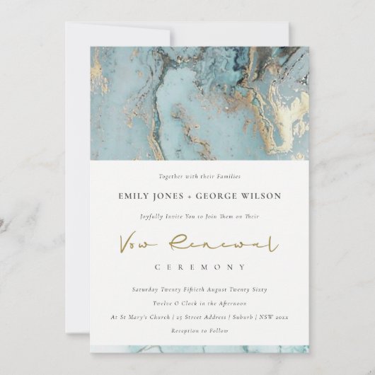 AQUA DUSKY BLUE GOLD AGATE VOW RENEWAL INVITE BEDANKKAART (Voorkant)
