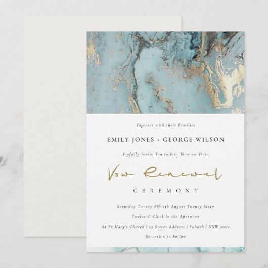 AQUA DUSKY BLUE GOLD AGATE VOW RENEWAL INVITE BEDANKKAART (Voorkant / Achterkant)