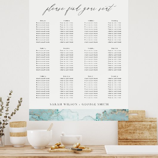 AQUA DUSKY BLUE GOLD AGATE WEDDING SITTING CHART POSTER (Keuken)