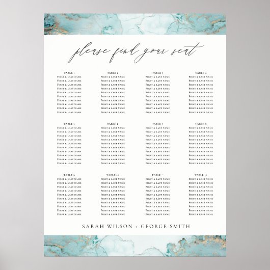 AQUA DUSKY BLUE GOLD AGATE WEDDING SITTING CHART POSTER (Voorkant)