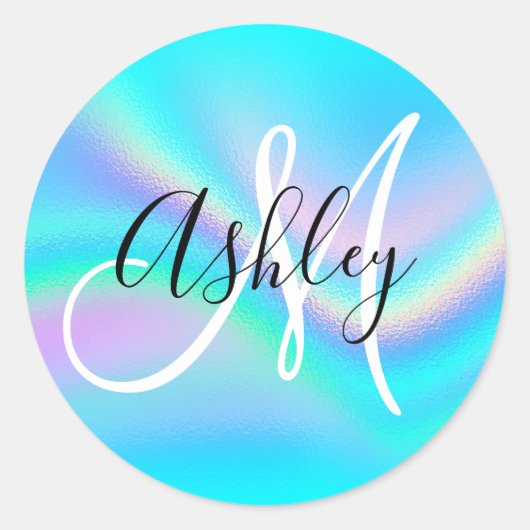 Aqua Edge Rainbow Wave Ombre Folie Monogram Ronde Sticker (Voorkant)