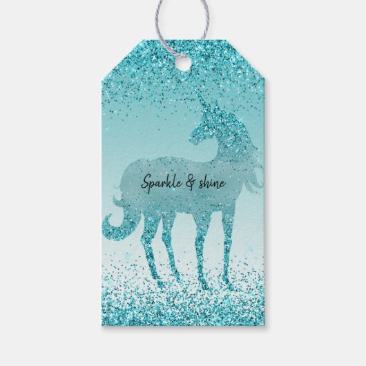 Aqua Eenhoorn Glitter Cadeaulabel (Voorkant)