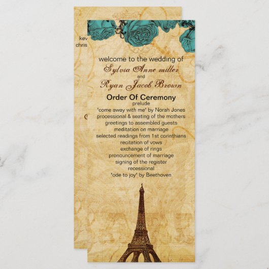 aqua  eiffeltoren Paris bruiloft programma Programmakaart (Voorkant / Achterkant)