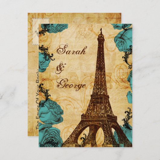 aqua eiffeltoren Paris bruiloft rsvp Uitnodiging Briefkaart (Voorkant / Achterkant)