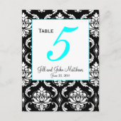 Aqua Elegant Damask Trouwtafel Nummer Kaart (Voorkant)