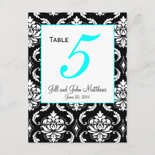 Aqua Elegant Damask Wedding Table Number Card Briefkaart