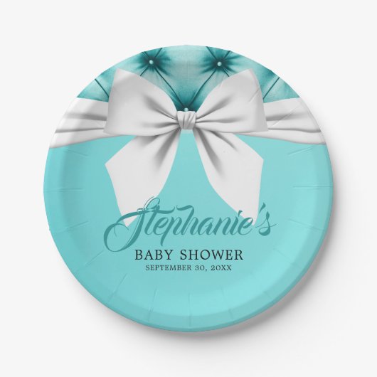 Aqua Elegant Tiffany Chic Bow Fancy Baby shower Papieren Bordje (Voorkant)