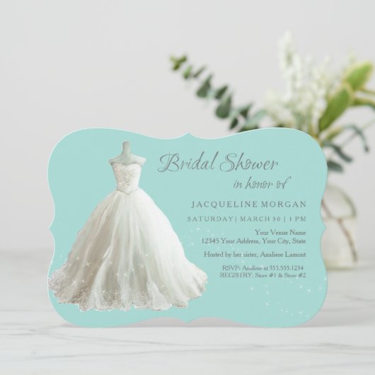 Aqua Elegant Wedding Gown Bridal Shower Kaart (Staand voorkant)