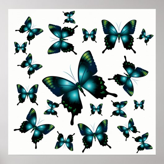 Aqua Elegant Whimsical Butterflies Poster (Voorkant)