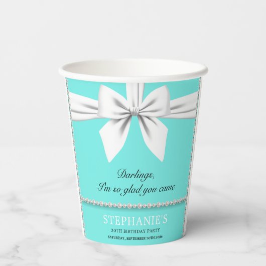 Aqua Elegante Fantasie Tiffany Verjaardagsservies Papieren Bekers (Achterkant)