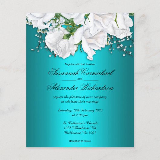 Aqua elegantie, witte rozen budget bruiloft uitnod flyer (Voorkant)