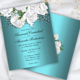 Aqua elegantie, witte rozen budget bruiloft uitnod flyer
