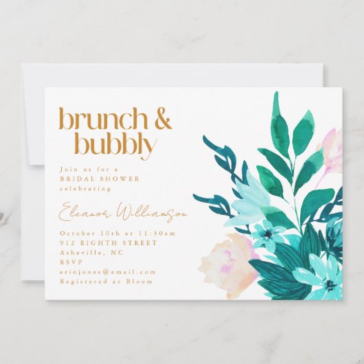 Aqua Emerald Groen Waterverf Bloemen Vrijgezellenf Kaart (Voorkant)