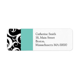 Aqua en Black Damask Swirls Adresetiketten Etiket