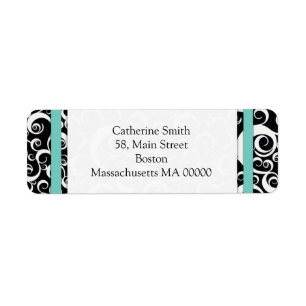 Aqua en Black Damask Swirls Adresetiketten Etiket