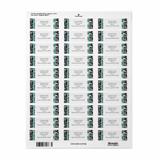 Aqua en Black Damask Swirls Adresetiketten Etiket (Full Sheet)
