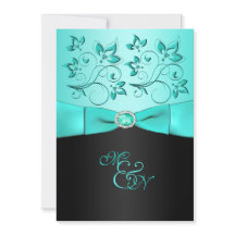 Aqua en Black Floral II Monogram Uitnodiging
